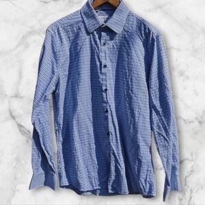 Duchamp London Blue and White Plaid Long Sleeved Tailored Fit Men's Shirt.